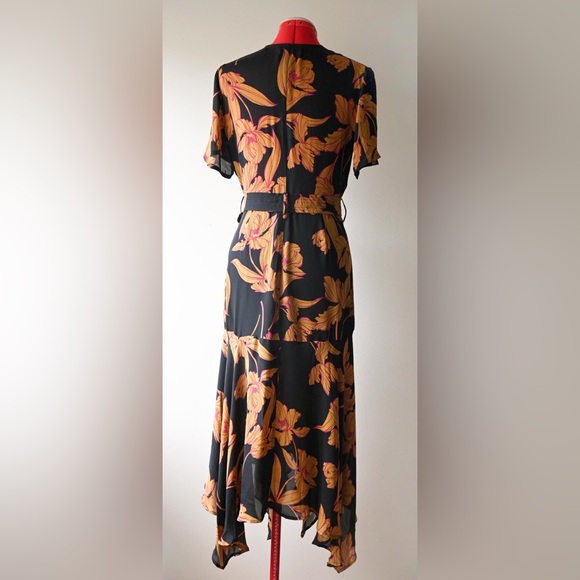 [SOLD] A.L.C Avi Dress Black Ochre Iris Print 100% Silk 1930's Revival Wrap - Picture 4 of 16